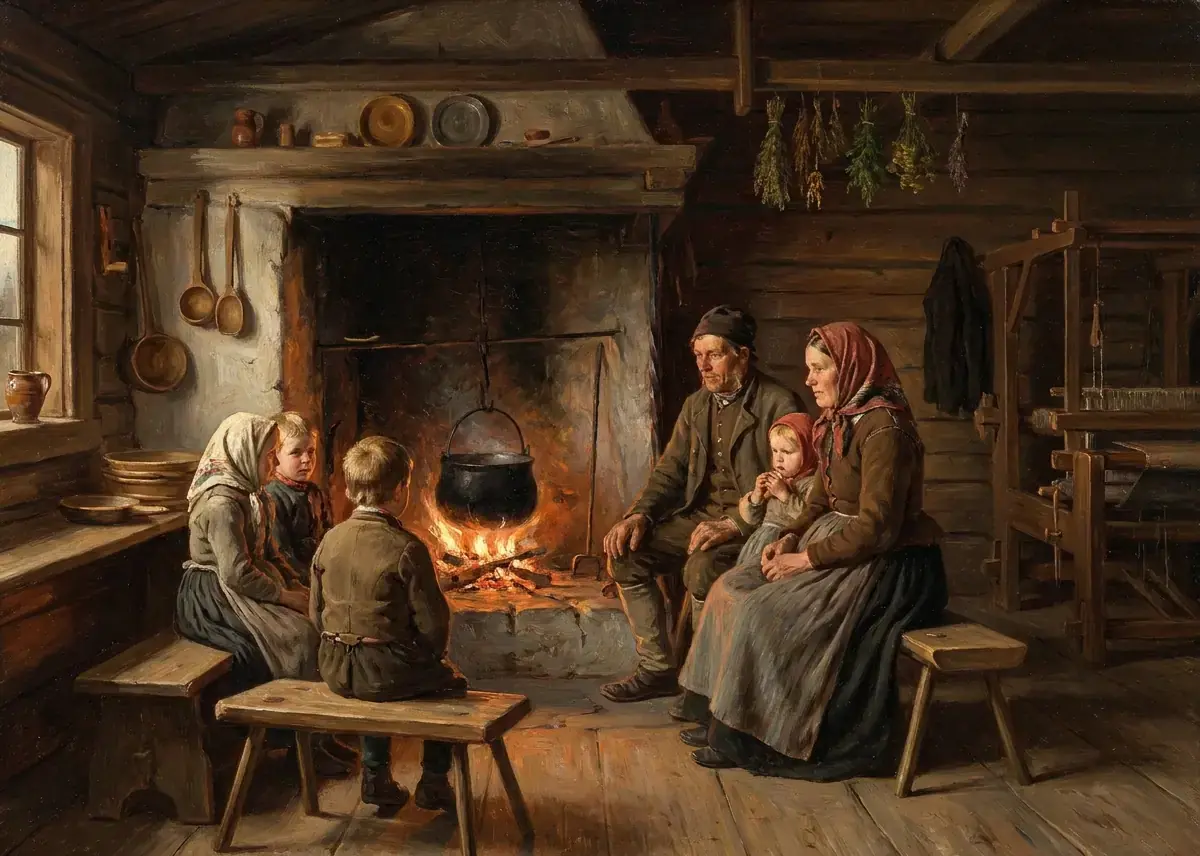 Familj i 1800-talskläder sitter vid en öppen härd i en timrad stuga med vävstol