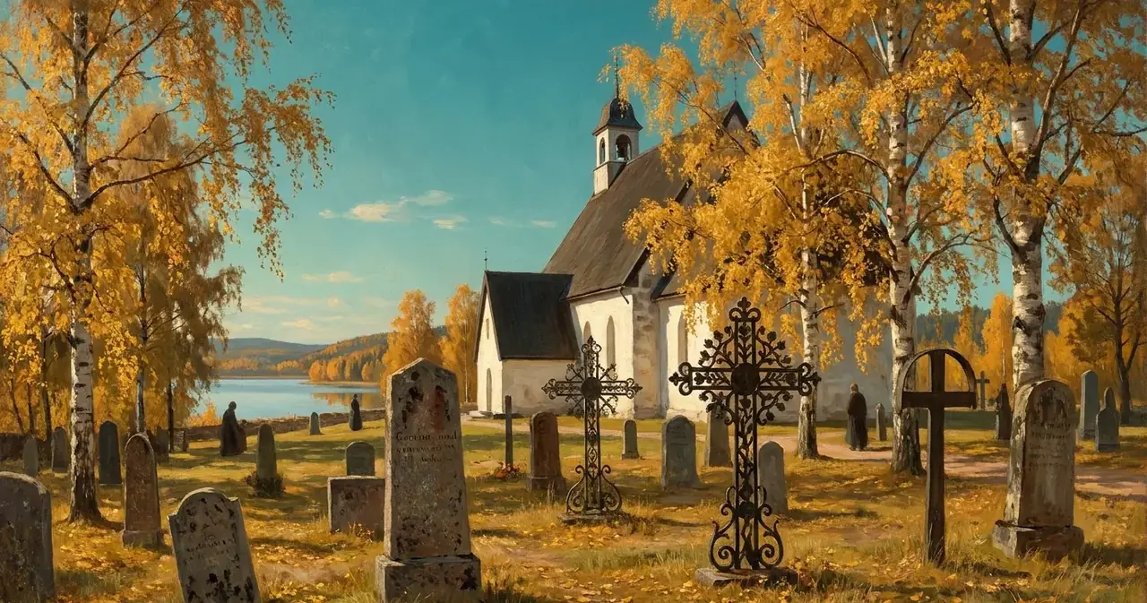 Vit kyrka vid en sjö en höstdag med gamla gravstenar, järnkors och gula björkar
